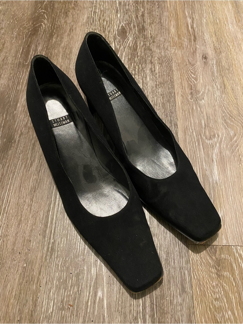 Stuart Weitzman Black Suede Square-Toe Pumps